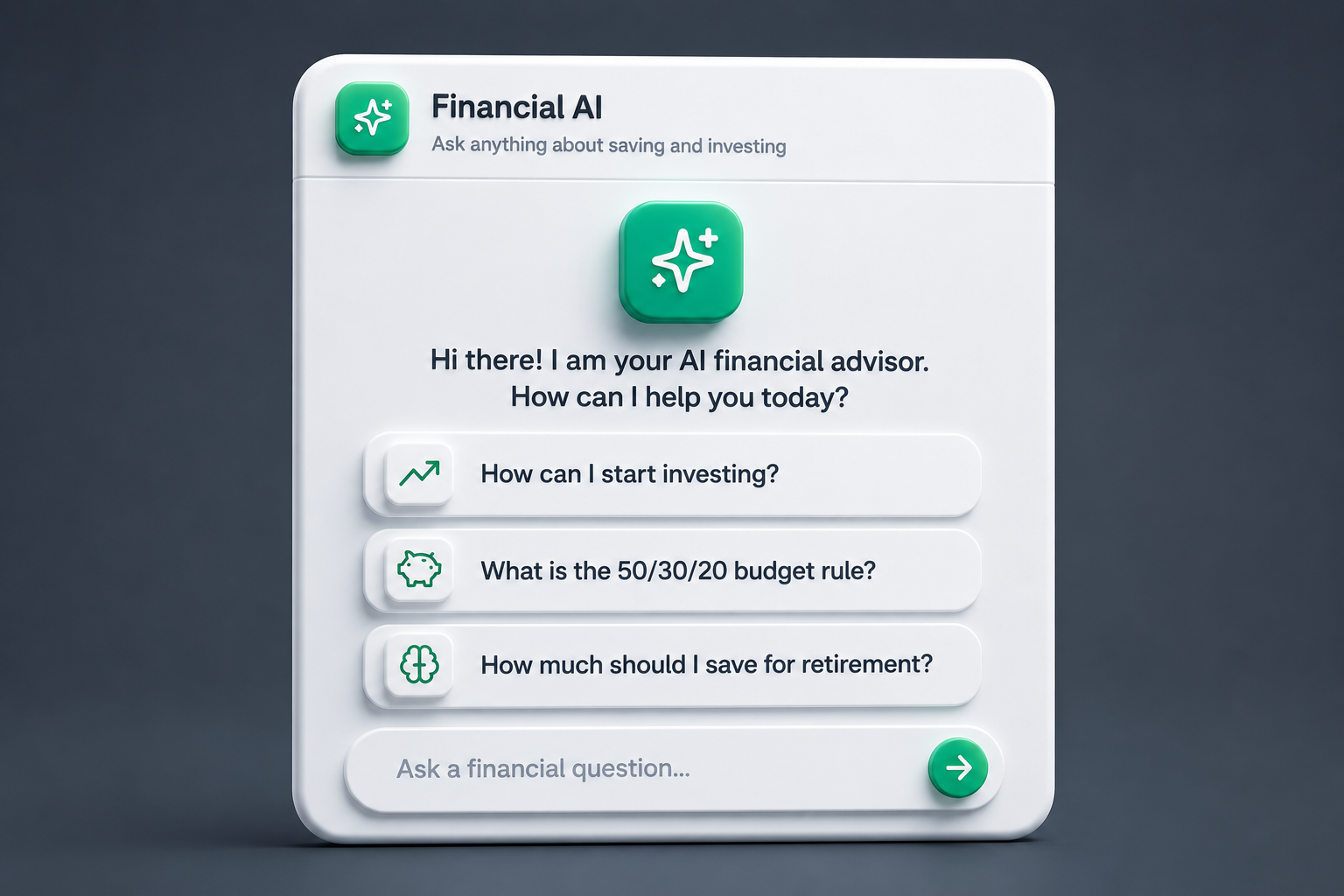 Financial AI chat interface showing an AI financial advisor answering questions about investing, budgeting, and retirement